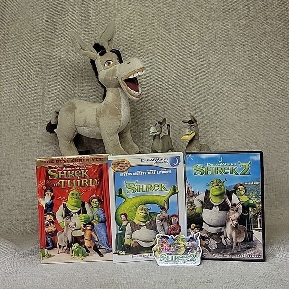 Dreamworks | Toys | 3 Shrek Dvds 2 Plastic Donkeyfigures Plushdonkey ...